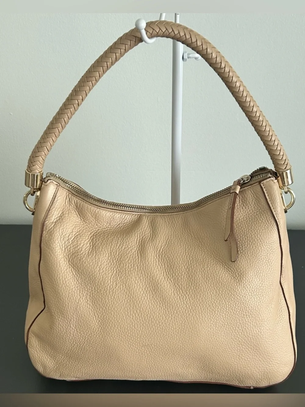 Cole Haan Beige Pebbled Leather Hobo Shoulder Bag Braided Handle Tote